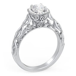 Diamond Halo Engagement Ring with Leaf and Vine Details - "The Ava"