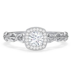 Diamond Halo Engagement Ring with Leaf and Vine Details - "The Ava" – 10K White Gold with Lab Diamond