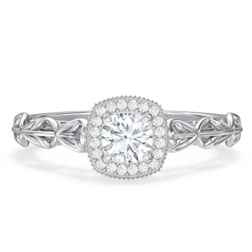 Diamond Halo Engagement Ring with Leaf and Vine Details - "The Ava" – 10K White Gold with Lab Diamond