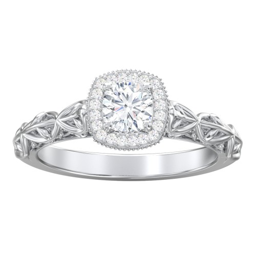 Diamond Halo Engagement Ring with Leaf and Vine Details - "The Ava" – 10K White Gold with Lab Diamond