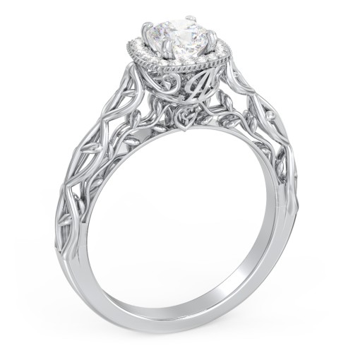 Diamond Halo Engagement Ring with Leaf and Vine Details - "The Ava" – 10K White Gold with Lab Diamond