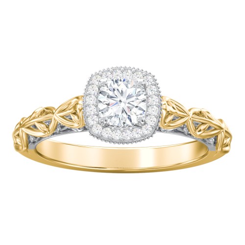 Diamond Halo Engagement Ring with Leaf and Vine Details - "The Ava" – 10K Yellow Gold with Lab Diamond