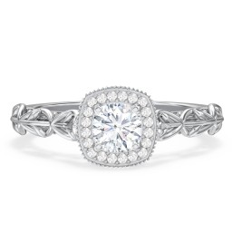 Diamond Halo Engagement Ring with Leaf and Vine Details - "The Ava"