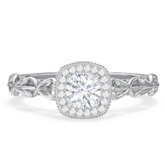 Diamond Halo Engagement Ring with Leaf and Vine Details - "The Ava" – 10K White Gold with Lab Diamond