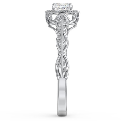 Diamond Halo Engagement Ring with Leaf and Vine Details - "The Ava" – 10K White Gold with Lab Diamond