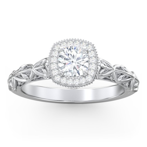 Diamond Halo Engagement Ring with Leaf and Vine Details - "The Ava" – 10K White Gold with Lab Diamond