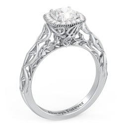Diamond Halo Engagement Ring with Leaf and Vine Details - "The Ava"