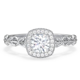 Diamond Halo Engagement Ring with Leaf and Vine Details - "The Ava"