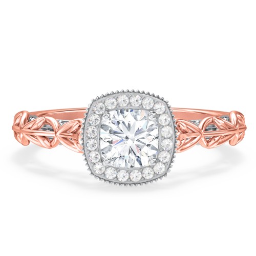 Diamond Halo Engagement Ring with Leaf and Vine Details - "The Ava" – 10K Rose Gold with Lab Diamond