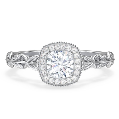 Diamond Halo Engagement Ring with Leaf and Vine Details - "The Ava" – 10K White Gold with Lab Diamond