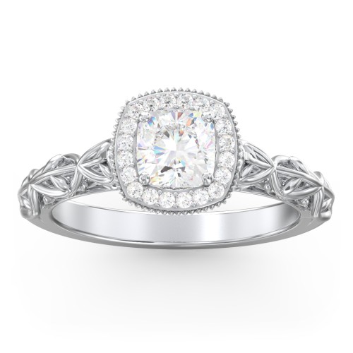 Diamond Halo Engagement Ring with Leaf and Vine Details - "The Ava" – 10K White Gold with Lab Diamond