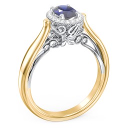 Classic Halo Diamond Engagement Ring and Butterfly and Scroll Details - "The Sophia" in 10K Solid Yellow Gold with 09BSAP-OV-0.70 and Lab Diamond