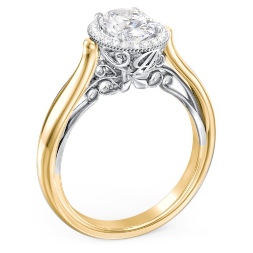 Classic Halo Diamond Engagement Ring and Butterfly and Scroll Details - "The Sophia" – 10K Yellow Gold with Lab Diamond
