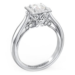Classic Halo Diamond Engagement Ring and Butterfly and Scroll Details - "The Sophia"