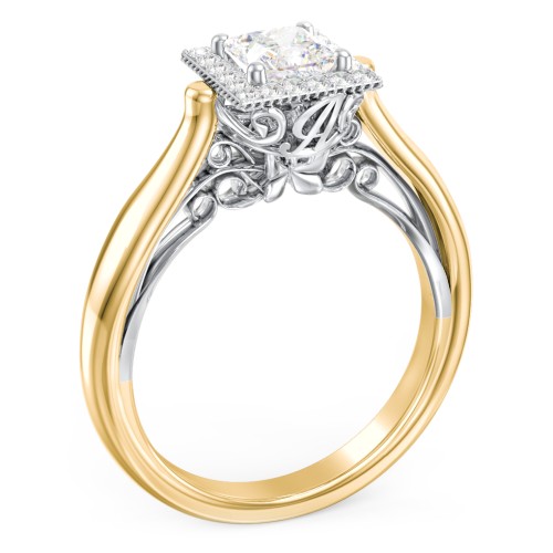 Classic Halo Diamond Engagement Ring and Butterfly and Scroll Details - "The Sophia"