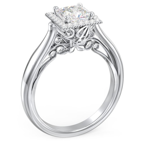 Classic Halo Diamond Engagement Ring and Butterfly and Scroll Details - "The Sophia" – 10K White Gold with Lab Diamond