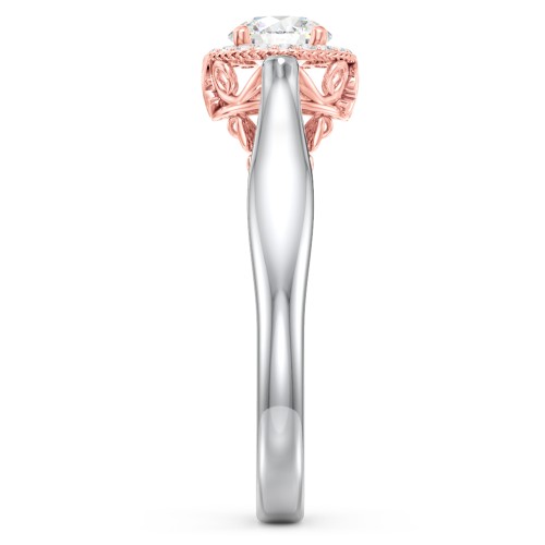 Classic Halo Diamond Engagement Ring and Butterfly and Scroll Details - "The Sophia" – 14K White Gold with Lab Diamond