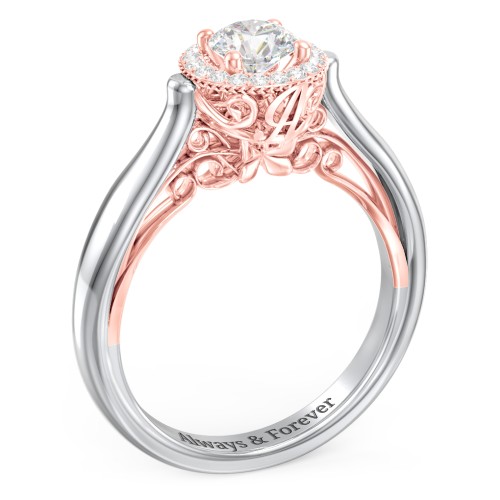 Classic Halo Diamond Engagement Ring and Butterfly and Scroll Details - "The Sophia" – 14K White Gold with Lab Diamond