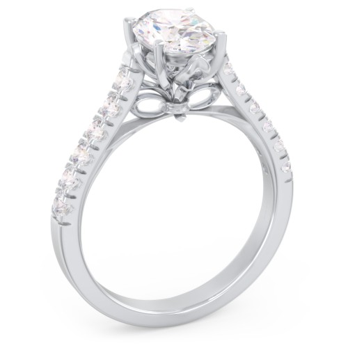 Solitaire Diamond Engagement Ring with Accents and Bow Detail – 14K White Gold with Lab Diamond