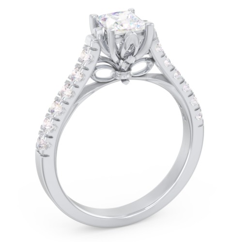 Solitaire Diamond Engagement Ring with Accents and Bow Detail – 14K White Gold with Lab Diamond