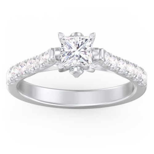 Solitaire Diamond Engagement Ring with Accents and Bow Detail – 14K White Gold with Lab Diamond