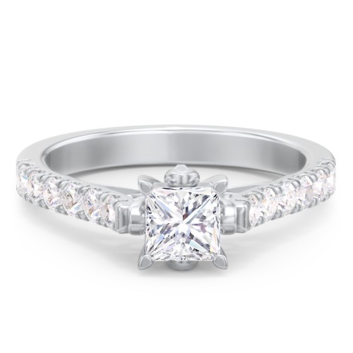 Solitaire Diamond Engagement Ring with Accents and Bow Detail – 14K White Gold with Lab Diamond