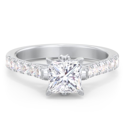 Solitaire Diamond Engagement Ring with Accents and Bow Detail – 14K White Gold with Lab Diamond