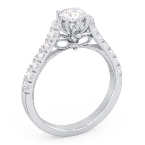 Solitaire Diamond Engagement Ring with Accents and Bow Detail – 14K White Gold with Lab Diamond