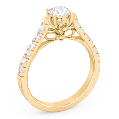 Solitaire Diamond Engagement Ring with Accents and Bow Detail – 10K Yellow Gold with Lab Diamond