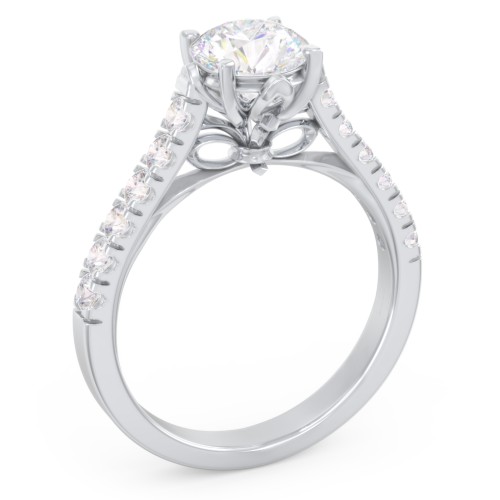 Solitaire Diamond Engagement Ring with Accents and Bow Detail – 14K White Gold with Lab Diamond