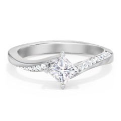 Solitaire Engagement Ring with Twisted Shoulder Accents – 14K White Gold with Lab Diamond