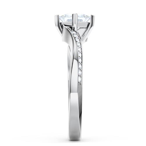 Solitaire Engagement Ring with Twisted Shoulder Accents – 14K White Gold with Lab Diamond