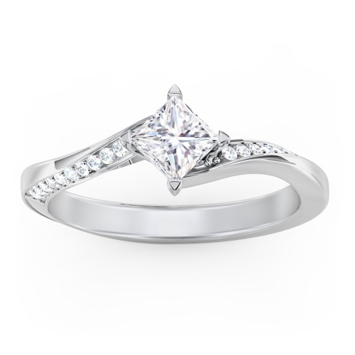 Solitaire Engagement Ring with Twisted Shoulder Accents – 14K White Gold with Lab Diamond