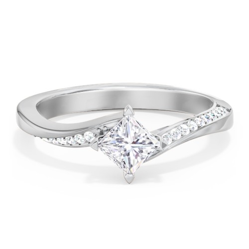 Solitaire Engagement Ring with Twisted Shoulder Accents – 14K White Gold with Lab Diamond