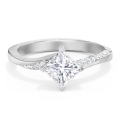 Solitaire Engagement Ring with Twisted Shoulder Accents – 14K White Gold with Lab Diamond