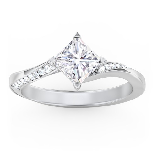 Solitaire Engagement Ring with Twisted Shoulder Accents – 14K White Gold with Lab Diamond