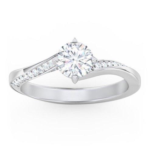 Solitaire Engagement Ring with Twisted Shoulder Accents – 14K White Gold with Lab Diamond