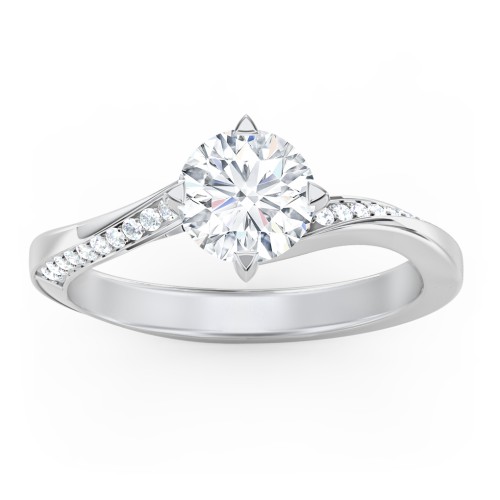 Solitaire Engagement Ring with Twisted Shoulder Accents – 14K White Gold with Lab Diamond