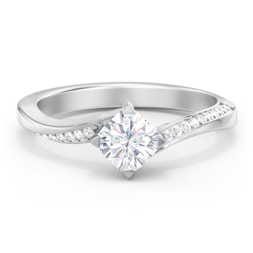 Solitaire Engagement Ring with Twisted Shoulder Accents – 14K White Gold with Lab Diamond