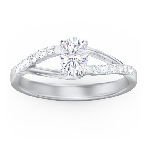 Solitaire Diamond Engagement Ring with Twisted Split Shank and Accents – 14K White Gold with Lab Diamond