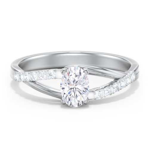 Solitaire Diamond Engagement Ring with Twisted Split Shank and Accents – 14K White Gold with Lab Diamond