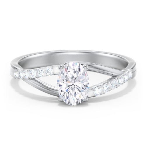 Solitaire Diamond Engagement Ring with Twisted Split Shank and Accents – 14K White Gold with Lab Diamond