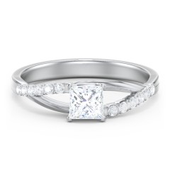Solitaire Diamond Engagement Ring with Twisted Split Shank and Accents – 14K White Gold with Lab Diamond