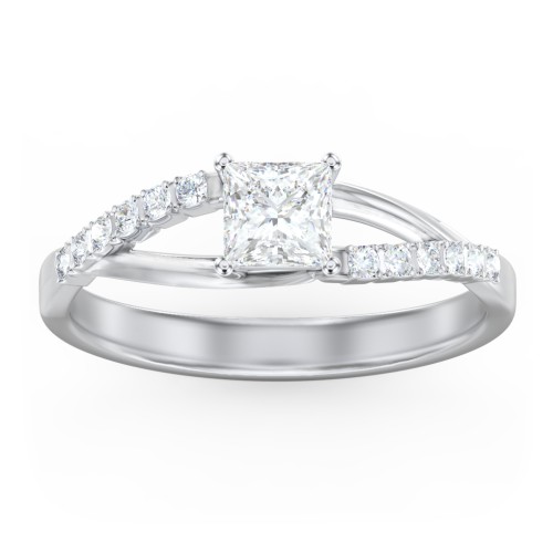 Solitaire Diamond Engagement Ring with Twisted Split Shank and Accents – 14K White Gold with Lab Diamond