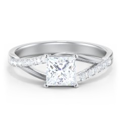 Solitaire Diamond Engagement Ring with Twisted Split Shank and Accents – 14K White Gold with Lab Diamond