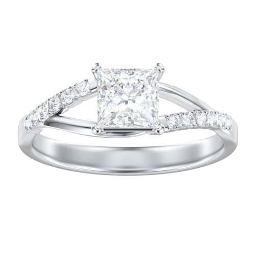 Solitaire Diamond Engagement Ring with Twisted Split Shank and Accents – 14K White Gold with Lab Diamond