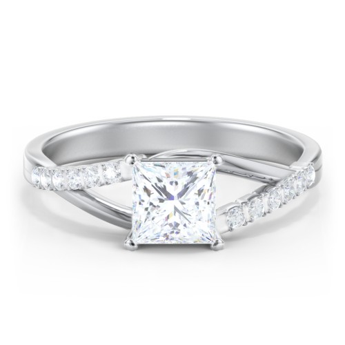 Solitaire Diamond Engagement Ring with Twisted Split Shank and Accents – 14K White Gold with Lab Diamond