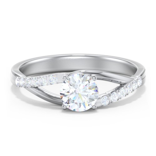 Solitaire Diamond Engagement Ring with Twisted Split Shank and Accents – 14K White Gold with Lab Diamond