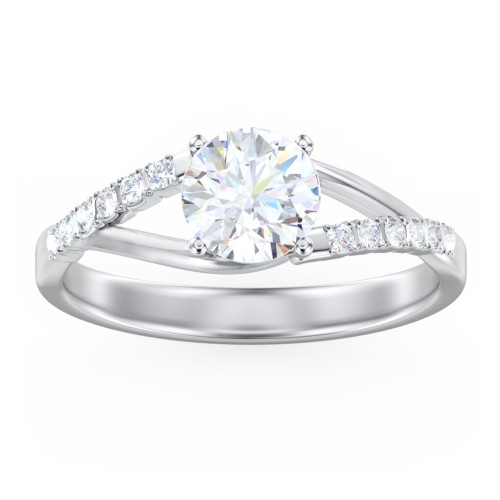 Solitaire Diamond Engagement Ring with Twisted Split Shank and Accents – 14K White Gold with Lab Diamond