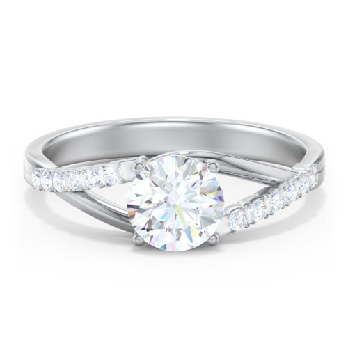 Solitaire Diamond Engagement Ring with Twisted Split Shank and Accents – 14K White Gold with Lab Diamond